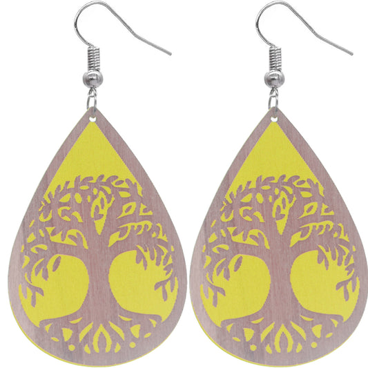 Yellow Tree Of Life Wooden Teardrop Earrings