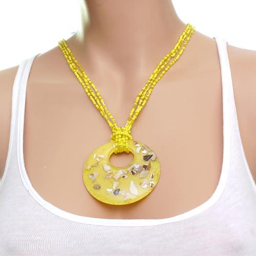 Yellow Open Circle Faux Marble Beaded Necklace Set