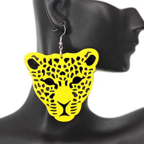 Yellow Wooden Cheetah Face Dangle Earrings
