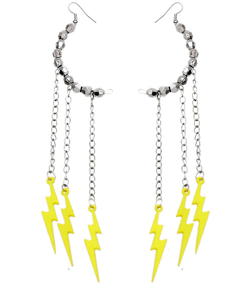 Yellow Beaded Drop Chain Lightning Bolt Dangle Earrings