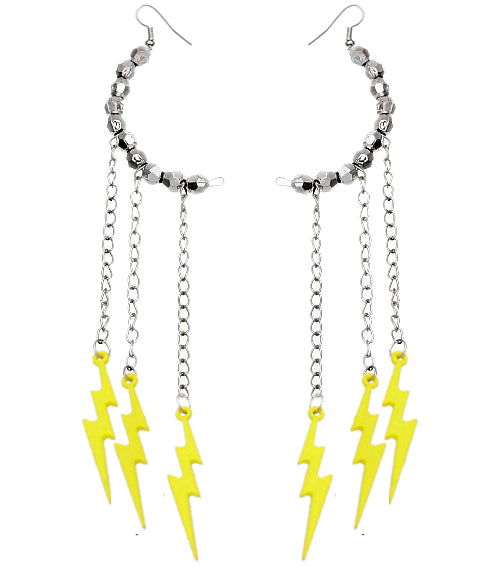 Yellow Beaded Drop Chain Lightning Bolt Dangle Earrings