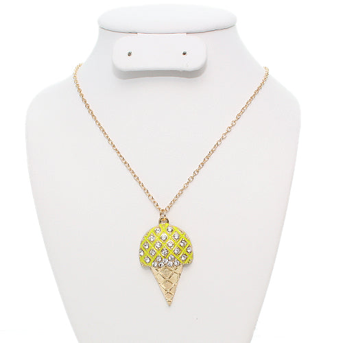 Yellow Rhinestone Ice Cream Cone Charm Necklace