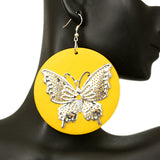 Yellow Silver Wooden Butterfly Dangle Earrings