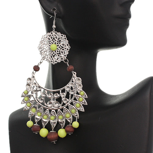 Yellow Brown Wooden Beaded Filigree Earrings