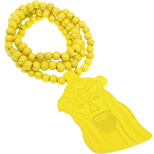 Yellow Wooden Beaded Jesus Piece Necklace